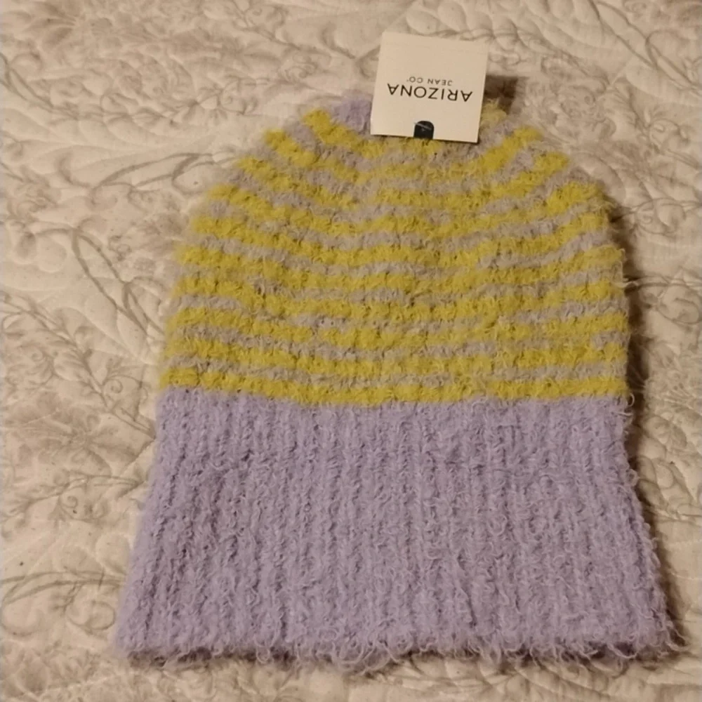 Arizona Jean Company Junior Striped Lilac/Lime/Yellow Knit Beanie, NWT